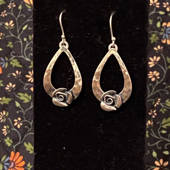 Israeli Teardrop Silver Dangle Earrings with Roses, 1" - Picture 6 of 6